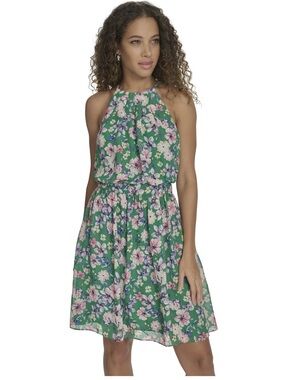 NWT Falling Flowers Chiffon Halter Mini Dress Women’s Large Green Floral